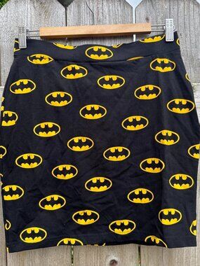 Black & yellow Size Medium Batman mini pencil skirt with 90s yellow Batman logos
